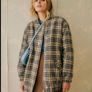Sezane Beige and Gray Plaid Bomber Jacket
